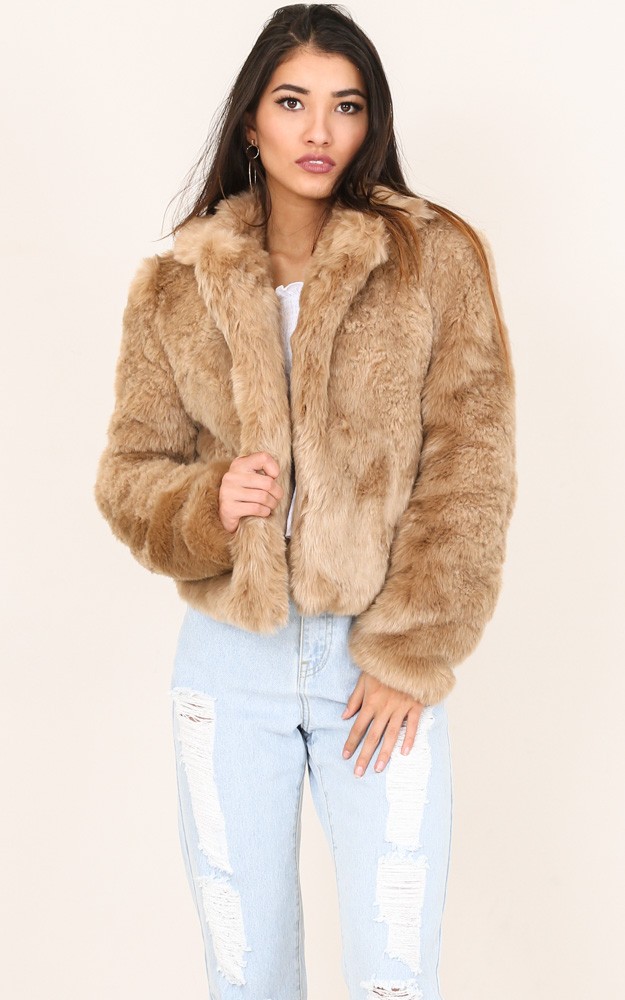 Harlow faux fur coat in beige | Showpo