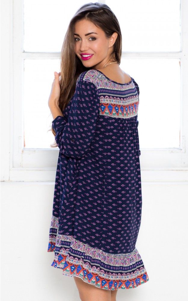 Runaway Peasant Dress in Navy Print SHOWPO Fashion Online