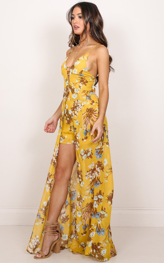 Constantly Calling maxi playsuit in mustard floral | Showpo