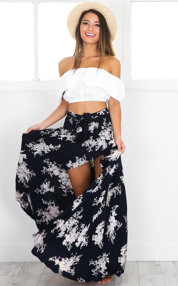 Breath Of Fresh Air maxi skirt in navy floral | Showpo